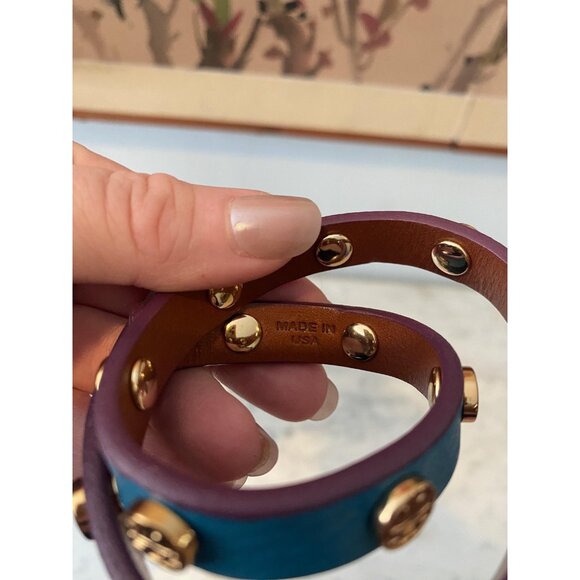 Tory Burch Double Wrap Leather Bracelet Teal Gold Logo Studs Womens Made In USA - Picture 3 of 3